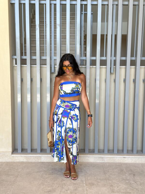 Azure Striped Satin-Linen Skirt
